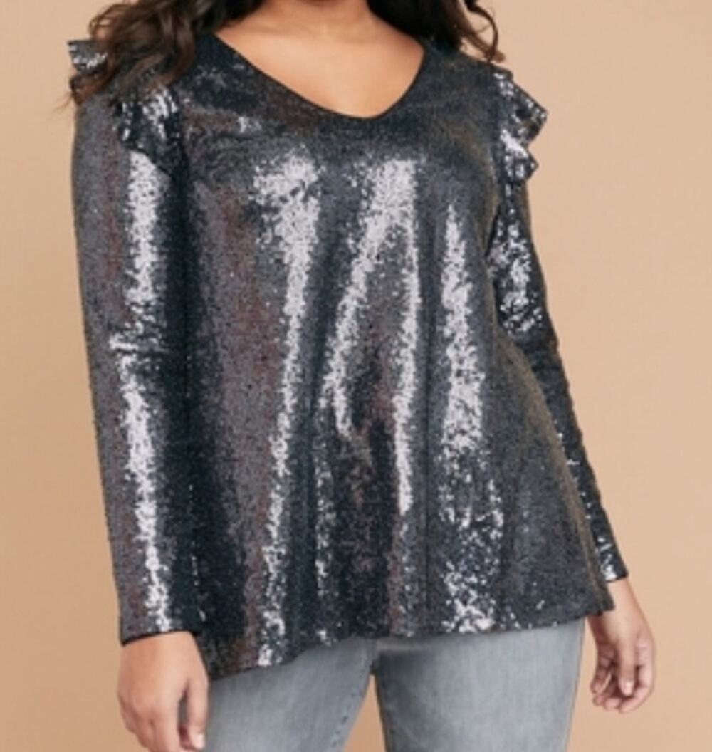 Lane Bryant Metallic Sequin Cold Shoulder Top Size 28 NWT Silver Party Blouse